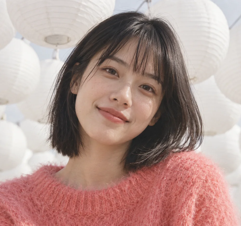 A woman with short hair in a coral sweater smiles in front of white paper lanterns