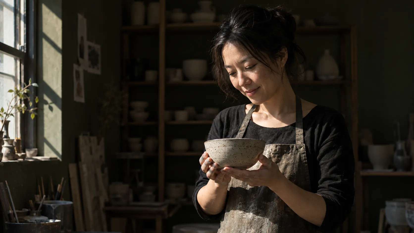 陶藝工作室的老闆捧著剛做好的碗，身後的架子擺滿作品