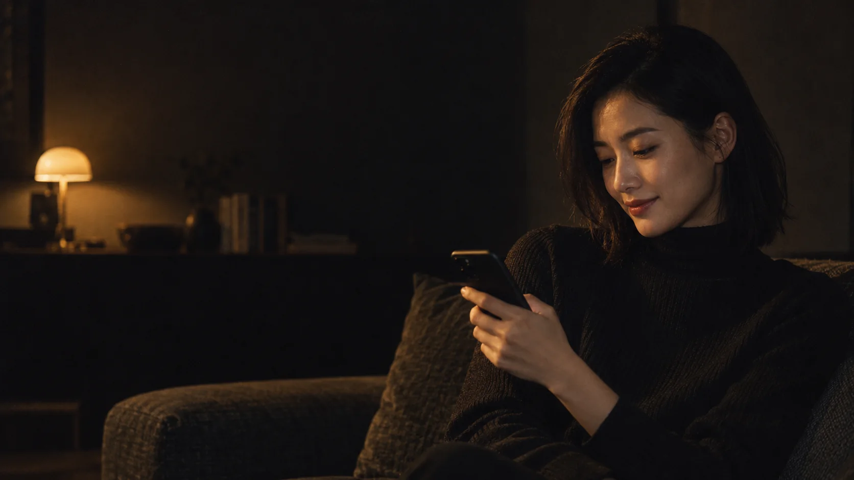夜裡坐在沙發上看手機回訊息的老闆