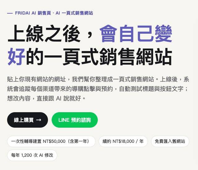 The FRIDAI AI Sales Pages product page hero: headline, description, Buy online and LINE consultation buttons, and tags for the setup fee, renewal fee and yearly AI edits