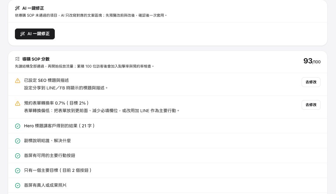 The Sales SOP tab: AI one-click fix, the Sales SOP score, and an item-by-item checklist with Fix it links