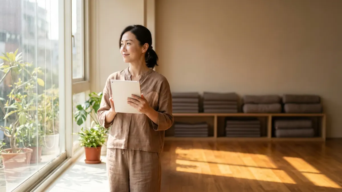一位40多歲的瑜珈教室老闆娘,在窗邊輕鬆地查看平板,臉上帶著滿足的微笑。