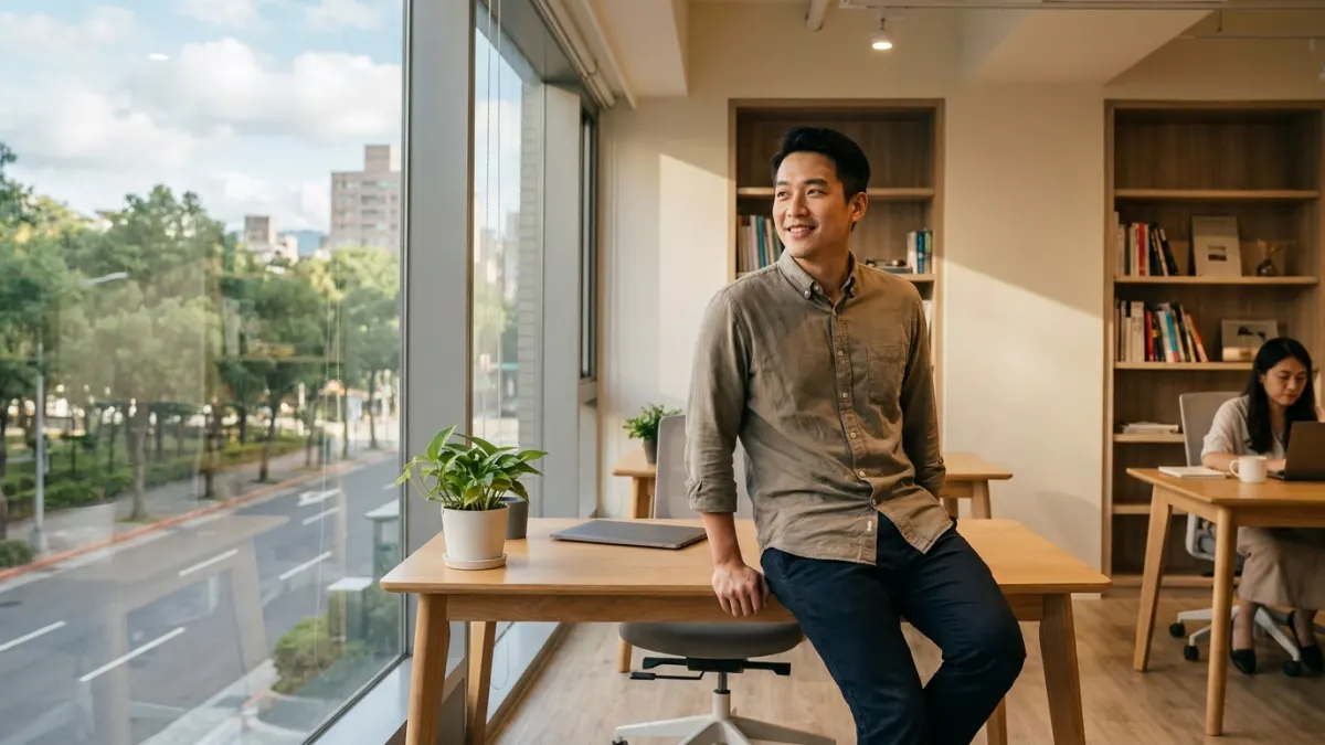 一名30多歲男子在明亮辦公室裡,臉上帶著輕鬆自信的笑容,俯瞰窗外。