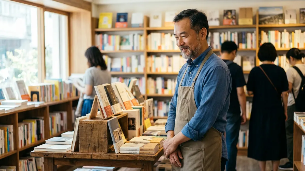 A relaxed bookstore owner in his 50s smiles in front of neatly arranged bookshelves.