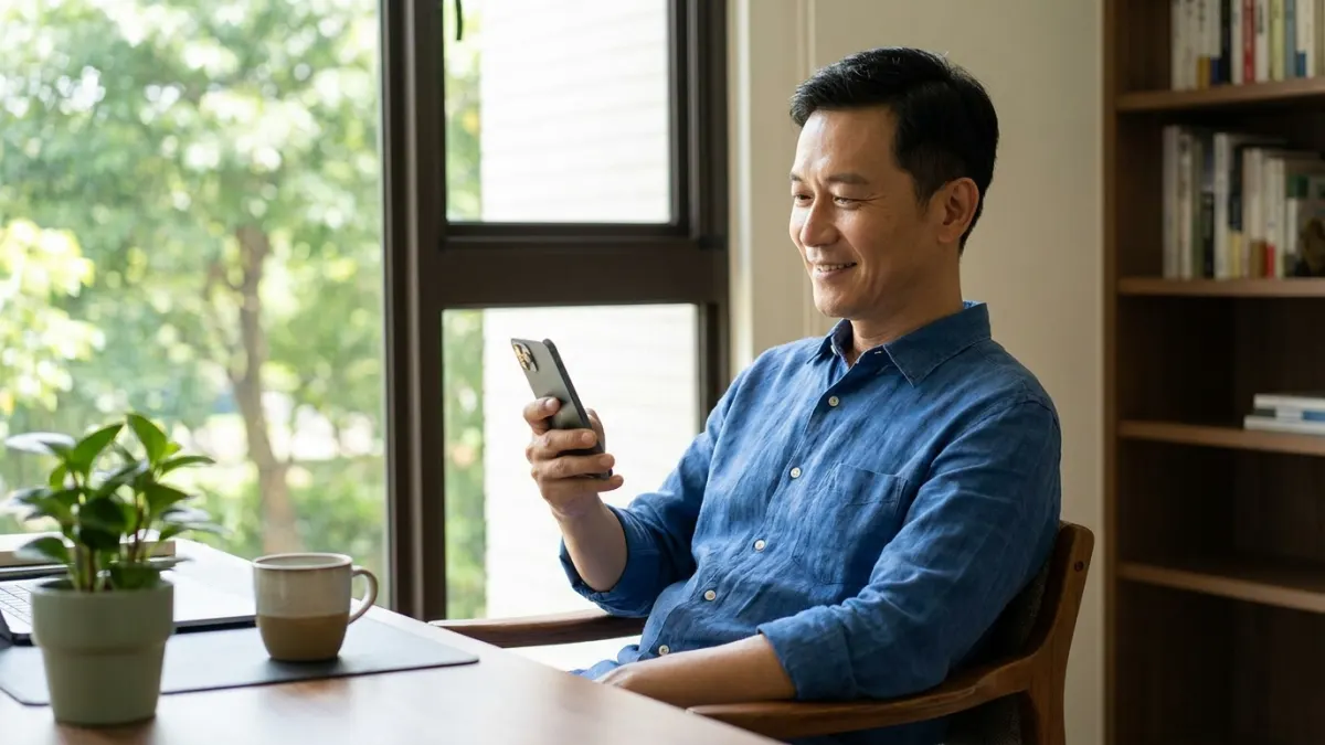一位40多歲男子在明亮書房，輕鬆地看著手機微笑，享受自動化帶來的悠閒。