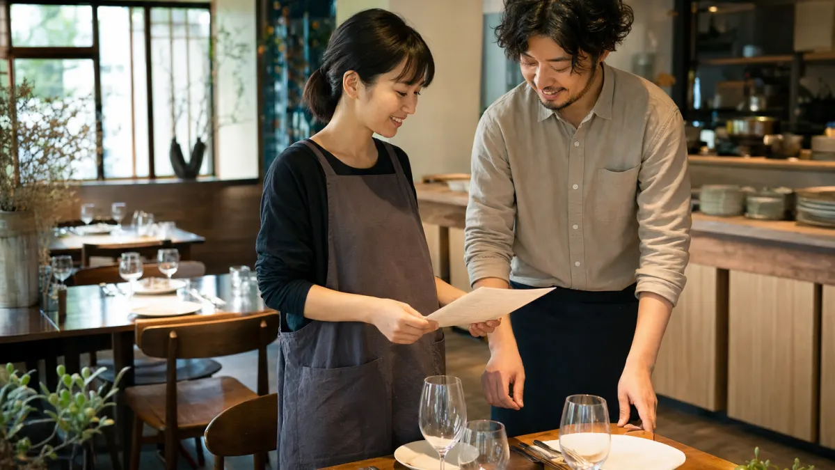Two restaurant colleagues smile while reviewing a service checklist before opening.