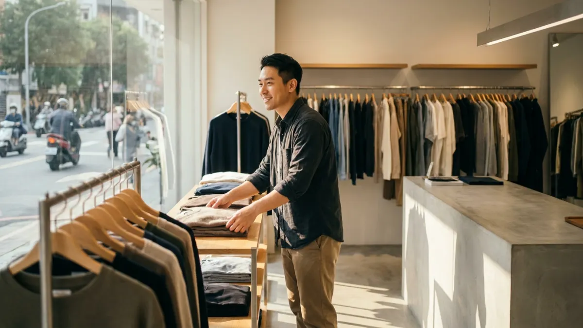 一位30多歲的男子在他的服飾店中，微笑地輕鬆站立。