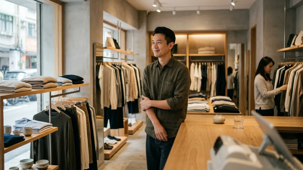 一位四十多歲的精品服飾店老闆，輕鬆地在店內微笑，店面井然有序，光線明亮。