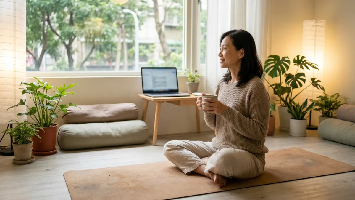 一位40多歲瑜珈教室女老闆，在課後寧靜地喝茶，面帶滿足微笑。