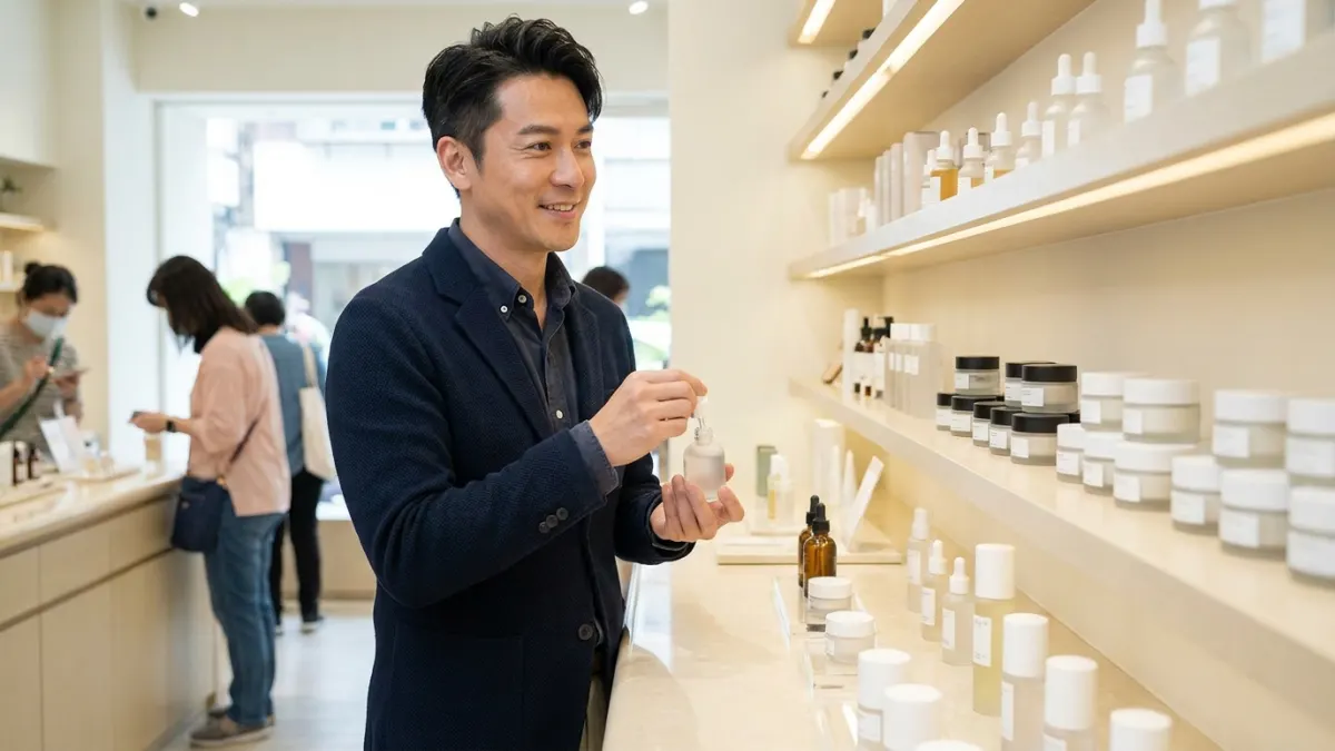 一位40多歲的男老闆，在整潔的化妝品櫃檯後方，表情自信而從容，眼神滿意地環顧店面。