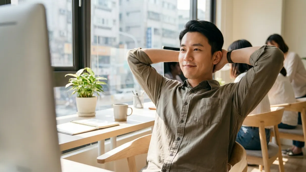 A confident man in his 30s sits at an office desk, looking satisfied.