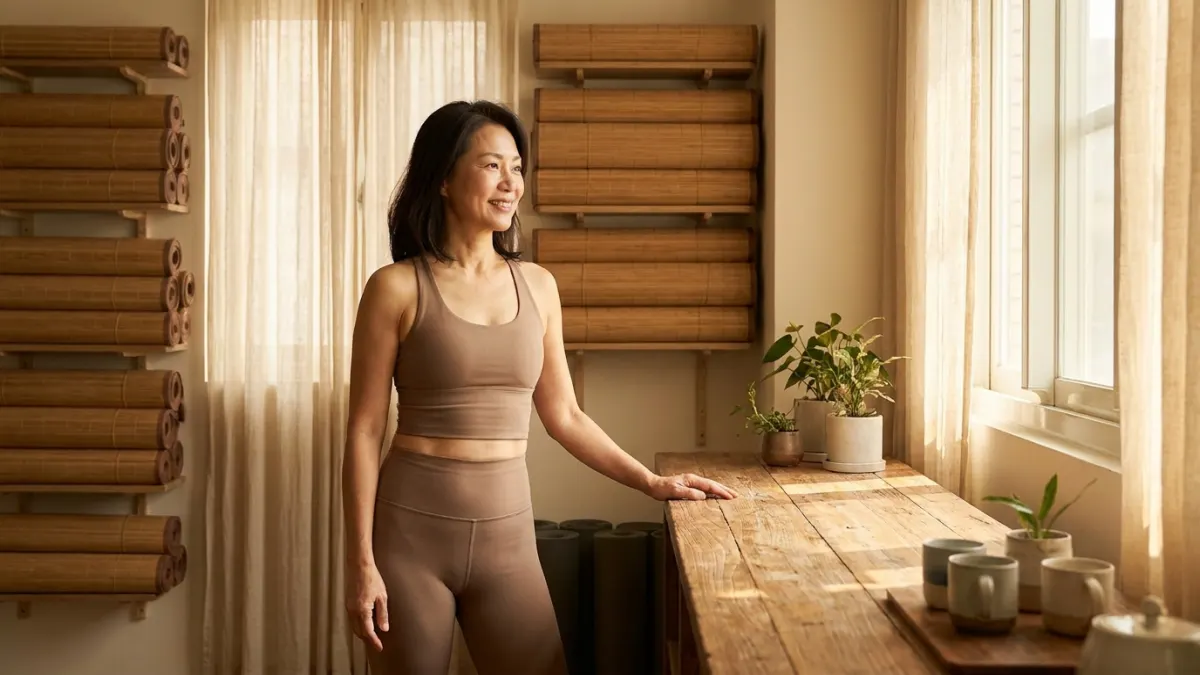 一位50多歲的瑜珈教室老闆娘，站在陽光灑落的教室裡，臉上帶著滿足的笑容，享受著高效工作後的平靜。