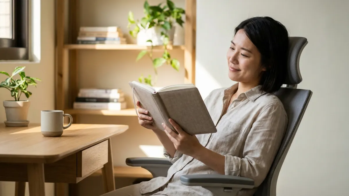 A young woman smiles, reviewing documents in her tidy office, feeling satisfied with her organized work.