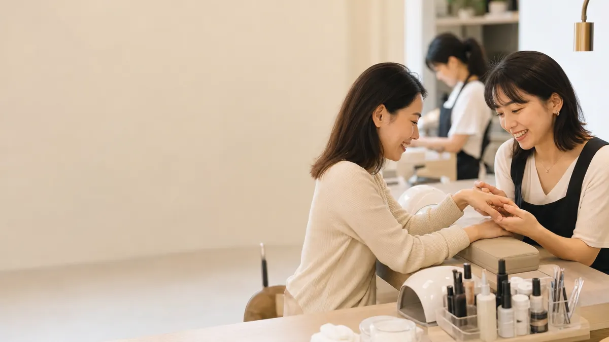 Nail salon owner and customer smile while admiring a freshly finished manicure.