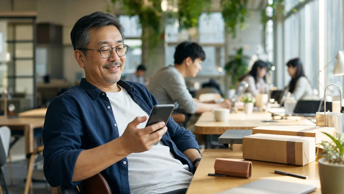 一位 50 多歲的網店老闆坐在共享辦公室,桌上放著包好的包裹,看著手機露出輕鬆的微笑。