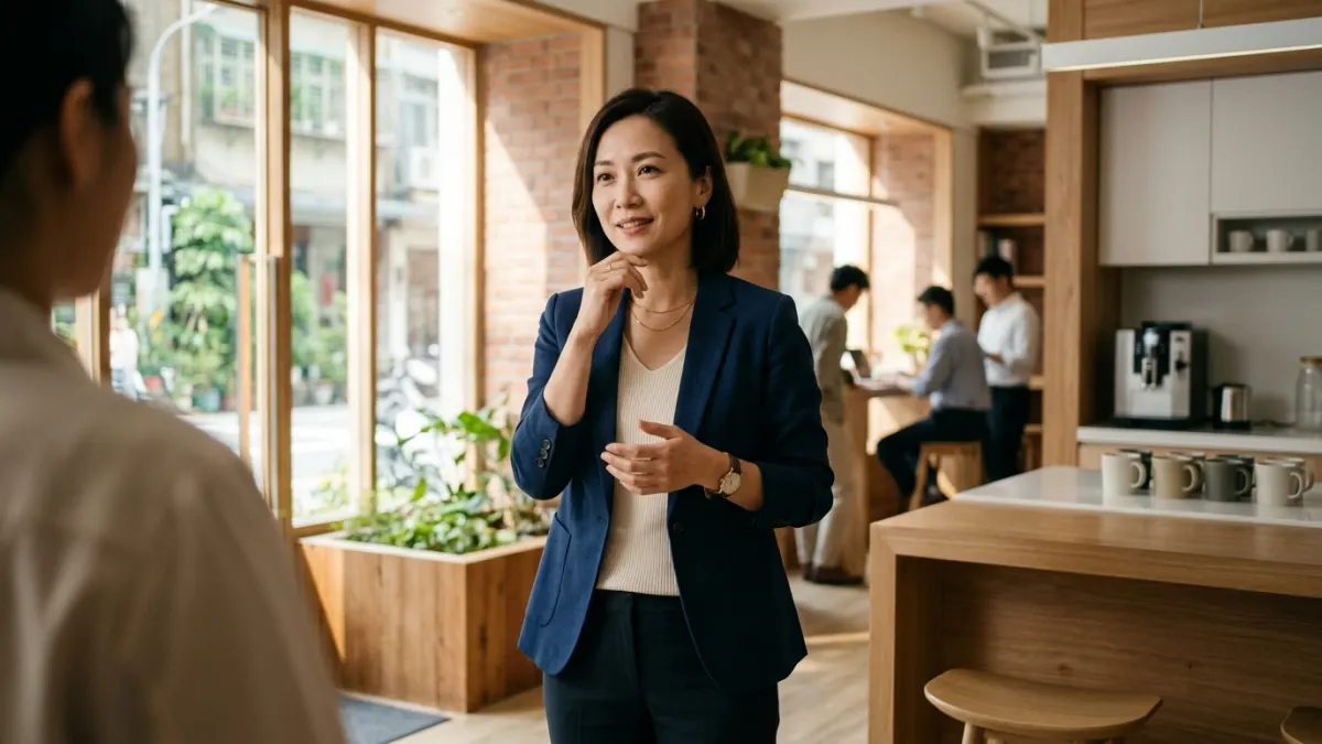 一位40多歲的台灣女性，在共享辦公室裡自信從容地與人交談。