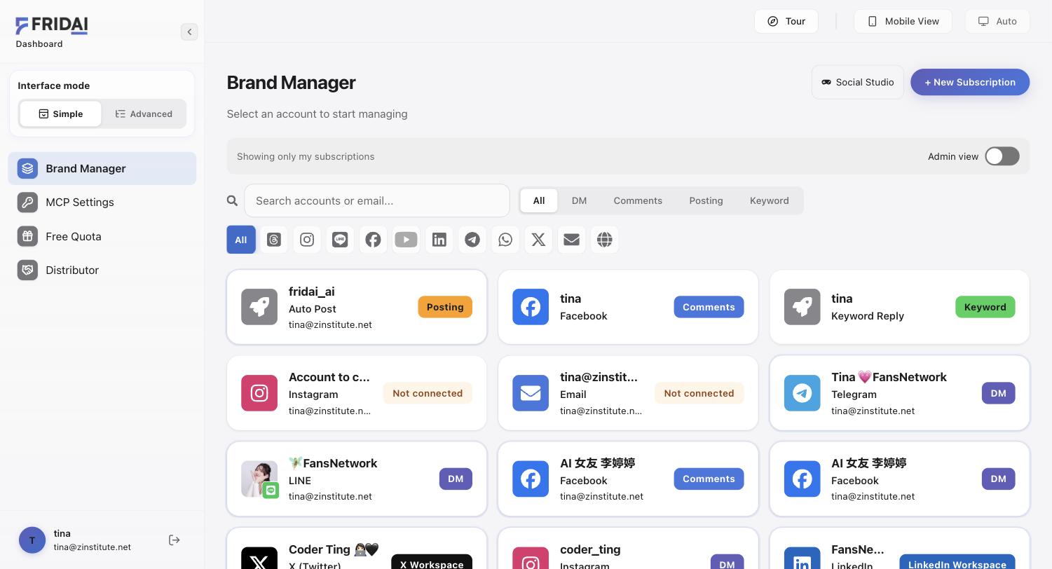 FRIDAI Brand Manager with fridai_ai as its own card labelled Posting