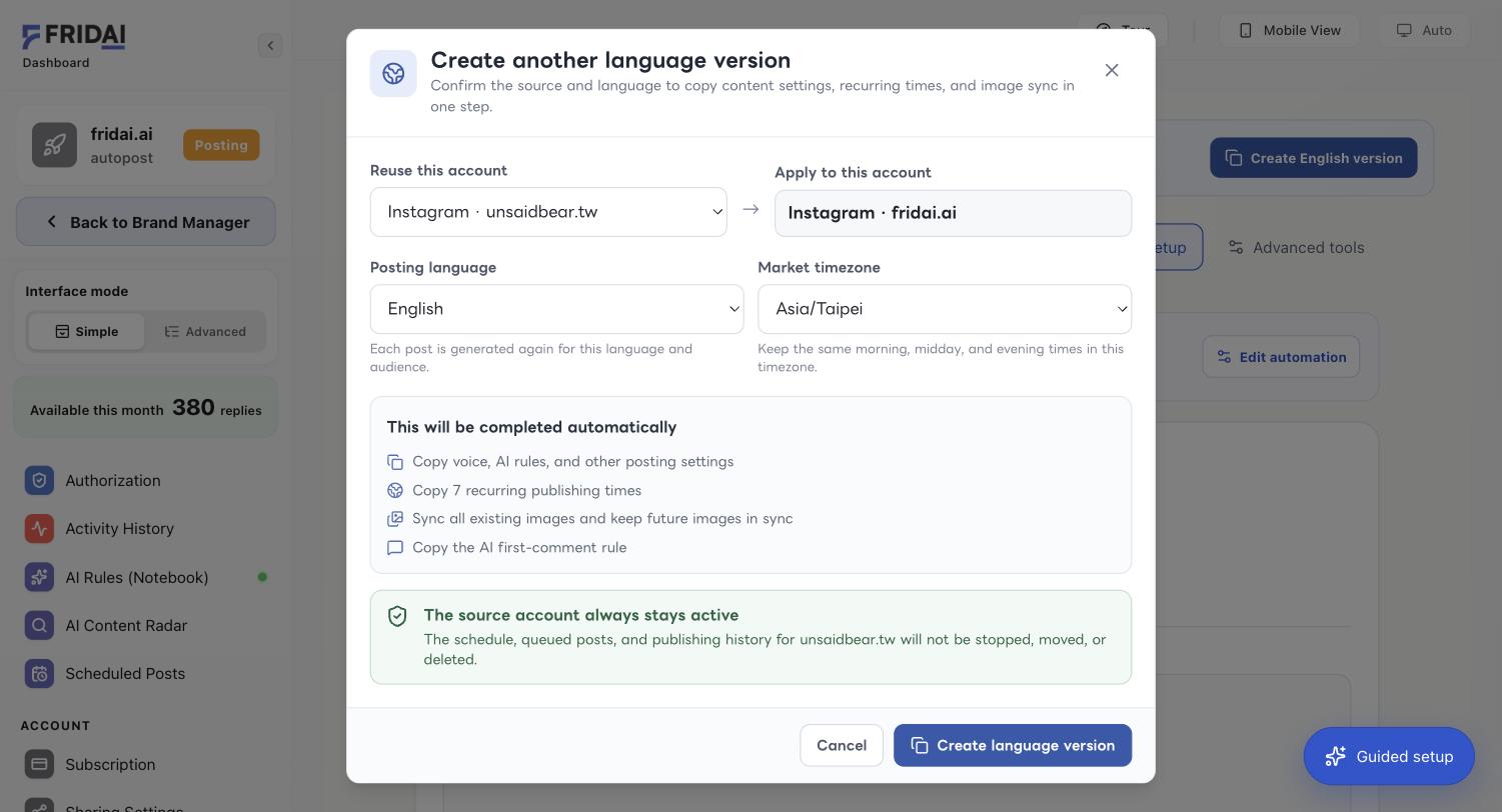 The Create another language version dialog: source account, posting language, market timezone and the auto-completed list