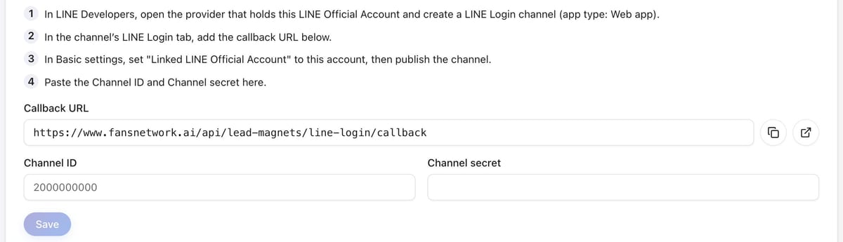 The FRIDAI Computer one-click (LINE Login) card listing four setup steps, the Callback URL, and Channel ID and Channel secret fields
