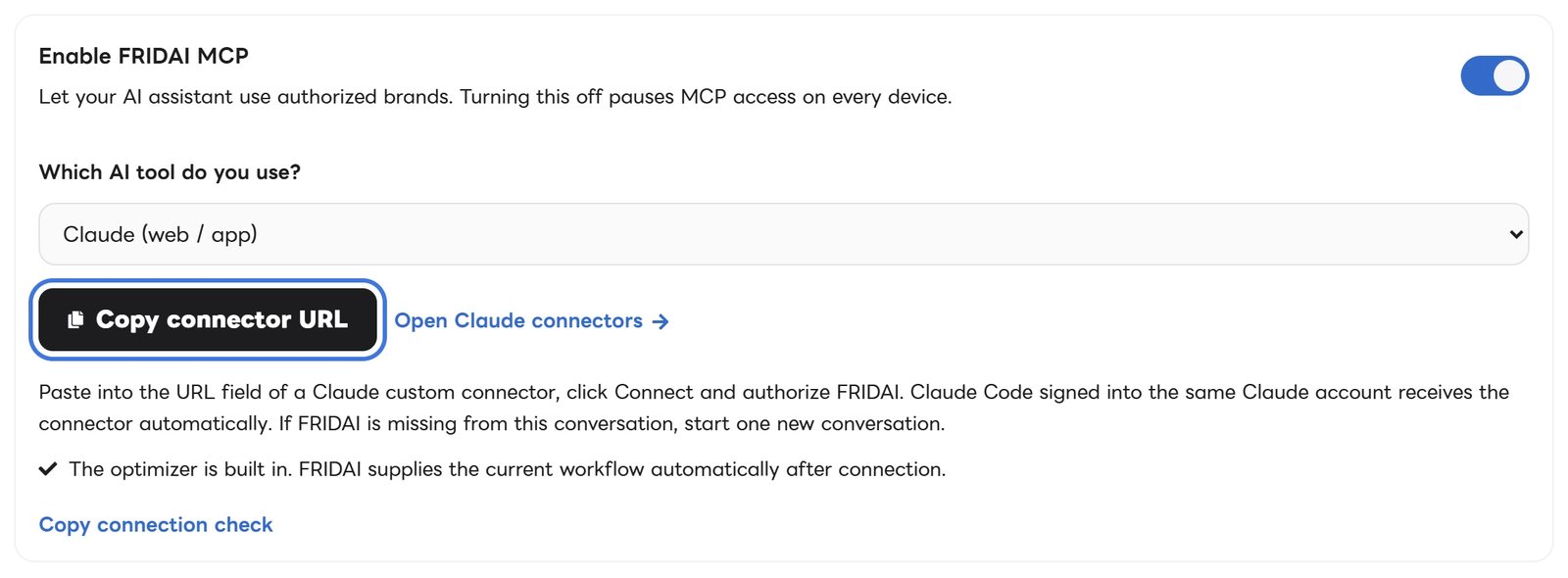 FRIDAI MCP Settings with “Claude (web / app)” chosen, showing the “Copy connector URL” button and the “Open Claude connectors” link
