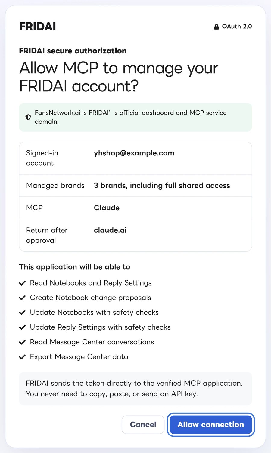 FRIDAI authorization page listing the signed-in account, the brands it can manage, the app that is connecting and the permissions, with the “Allow connection” button at the bottom