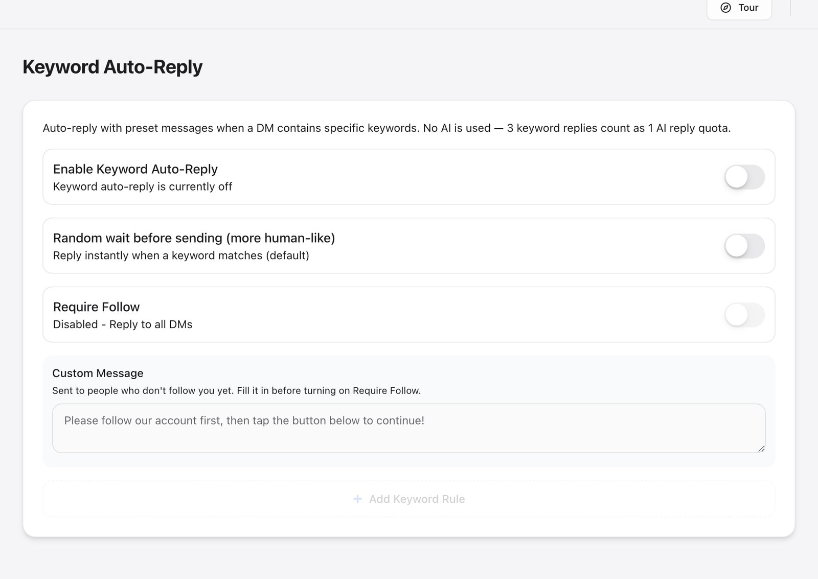 FRIDAI Keyword Auto-Reply page with “Enable Keyword Auto-Reply” switched off, the random wait option and the “Add Keyword Rule” button
