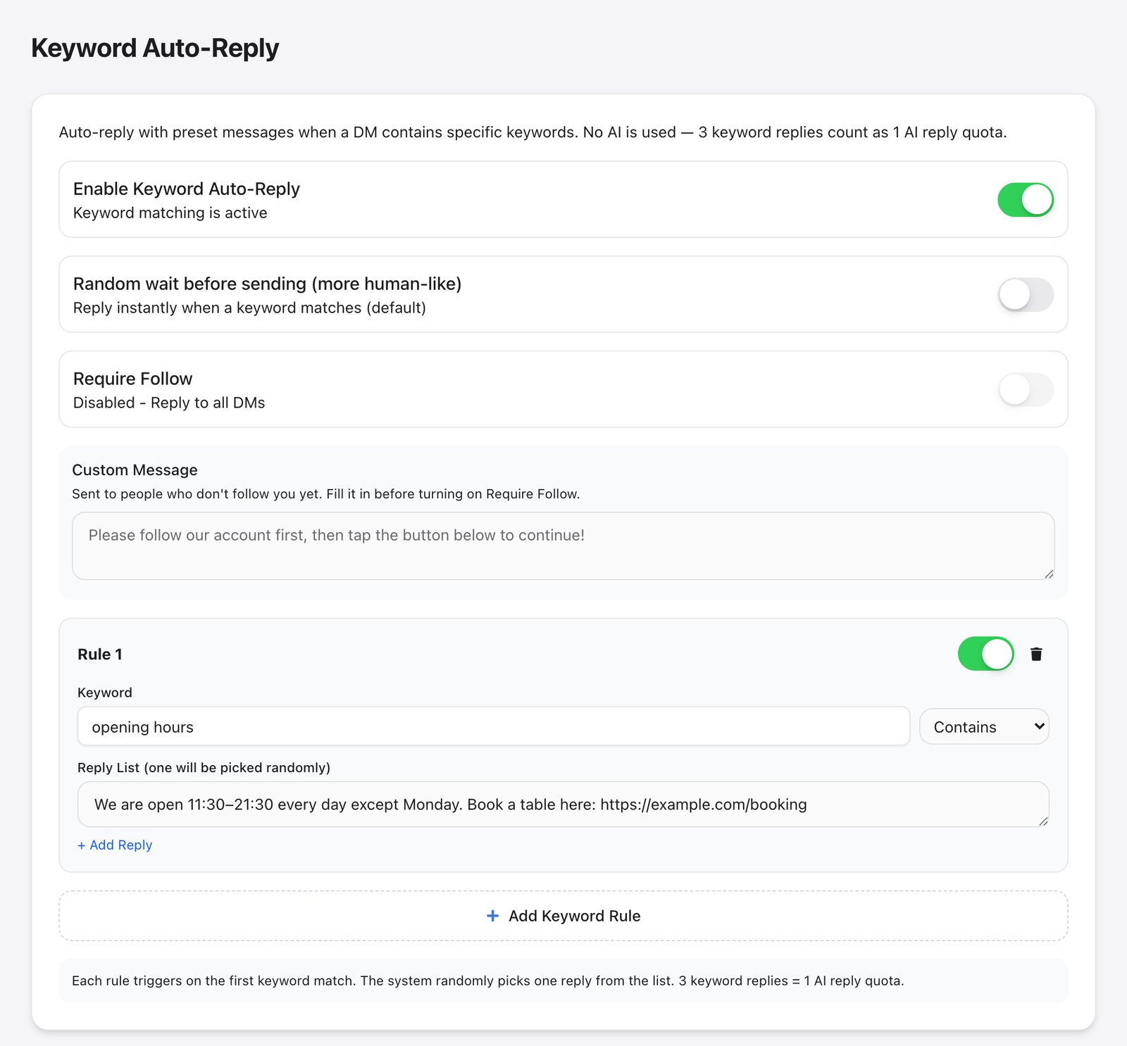 FRIDAI Keyword Auto-Reply page switched on, with Rule 1 using the keyword “opening hours”, match type “Contains”, and a reply with opening hours and a booking link