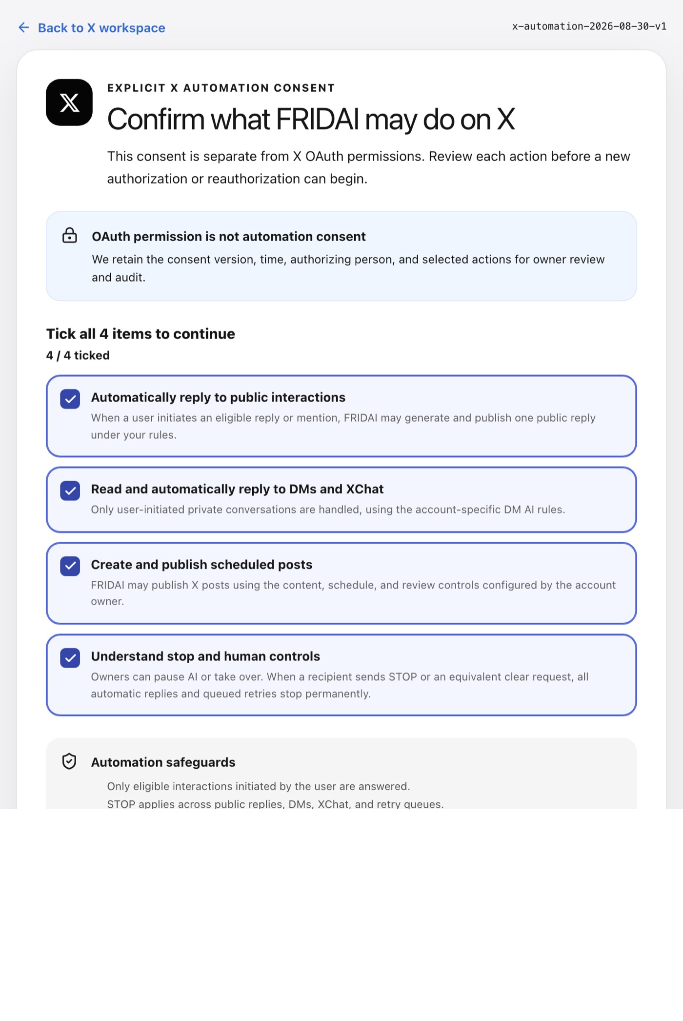 Explicit X automation consent: tick each item before continuing to X