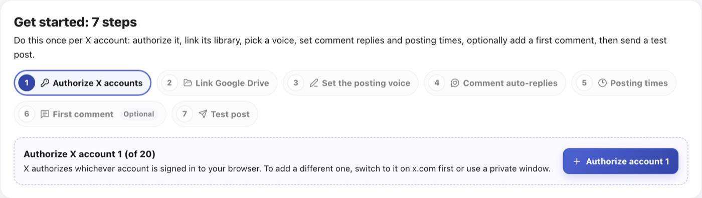 The X workspace setup guide, starting with authorizing the first X account