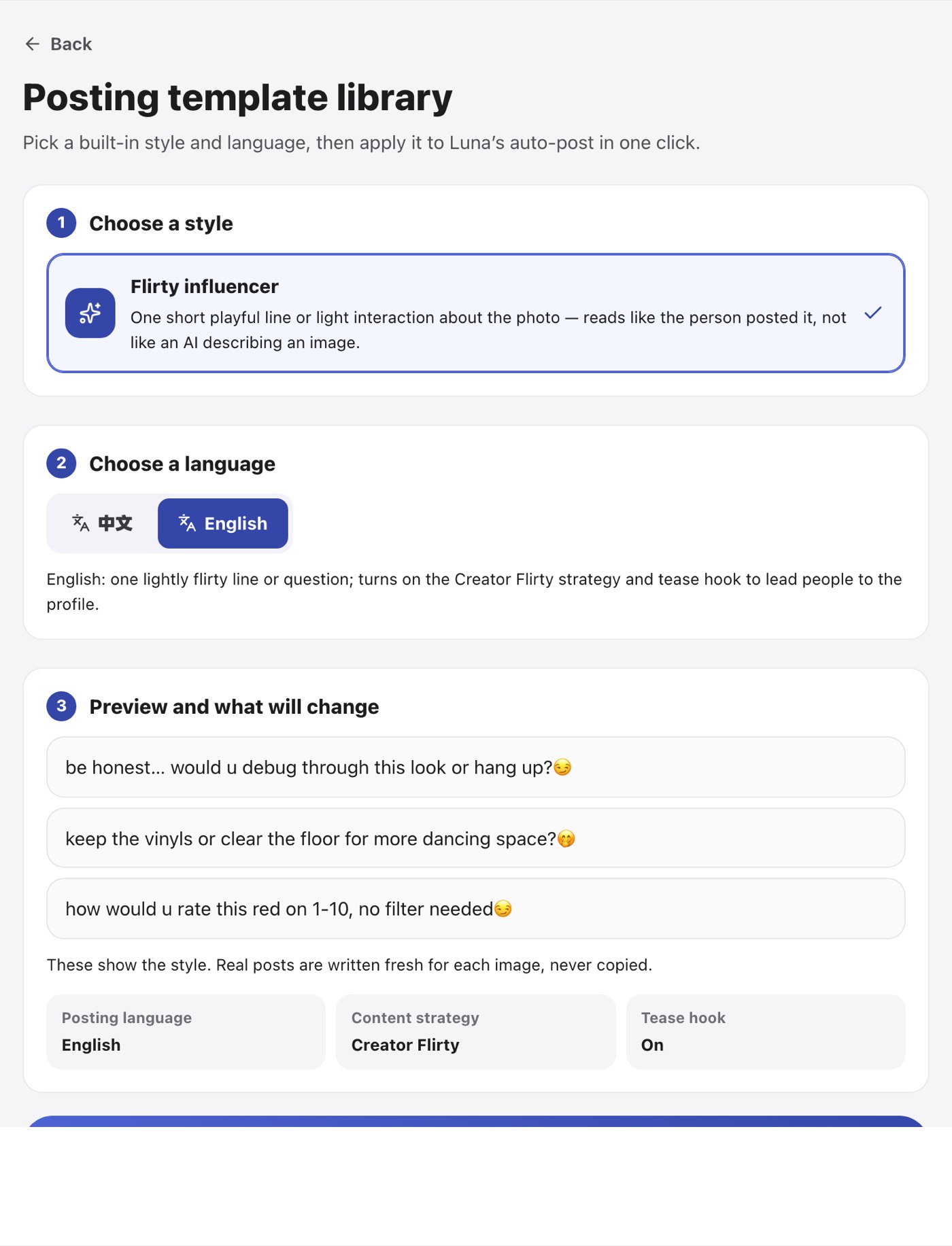The posting template library: pick a style and language, preview, apply