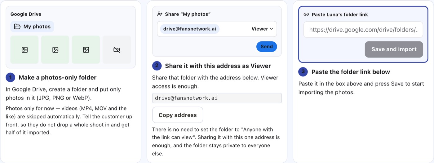 Linking Google Drive in three steps; step 3 holds the real link box