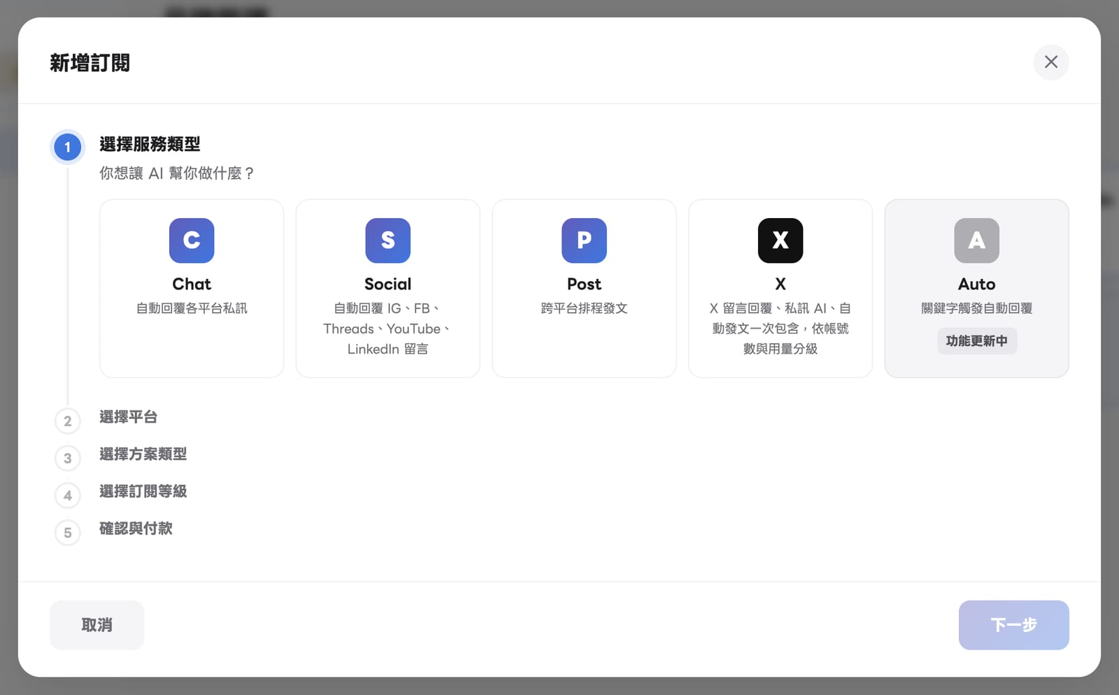 新增訂閱第一步：Chat、Social、Post、X 四張服務卡片，Auto 顯示功能更新中