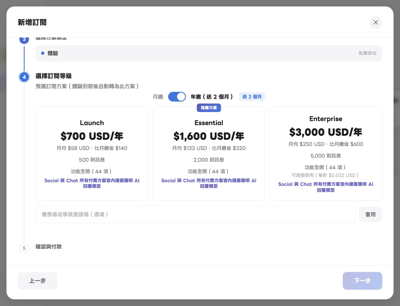 切換年繳後：Launch $700/年、Essential $1,600/年、Enterprise $3,000/年，標示送 2 個月
