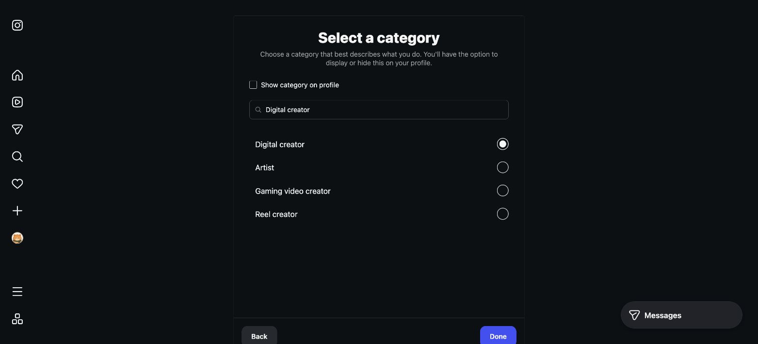 Instagram Creator 類別設定：選擇 Digital creator