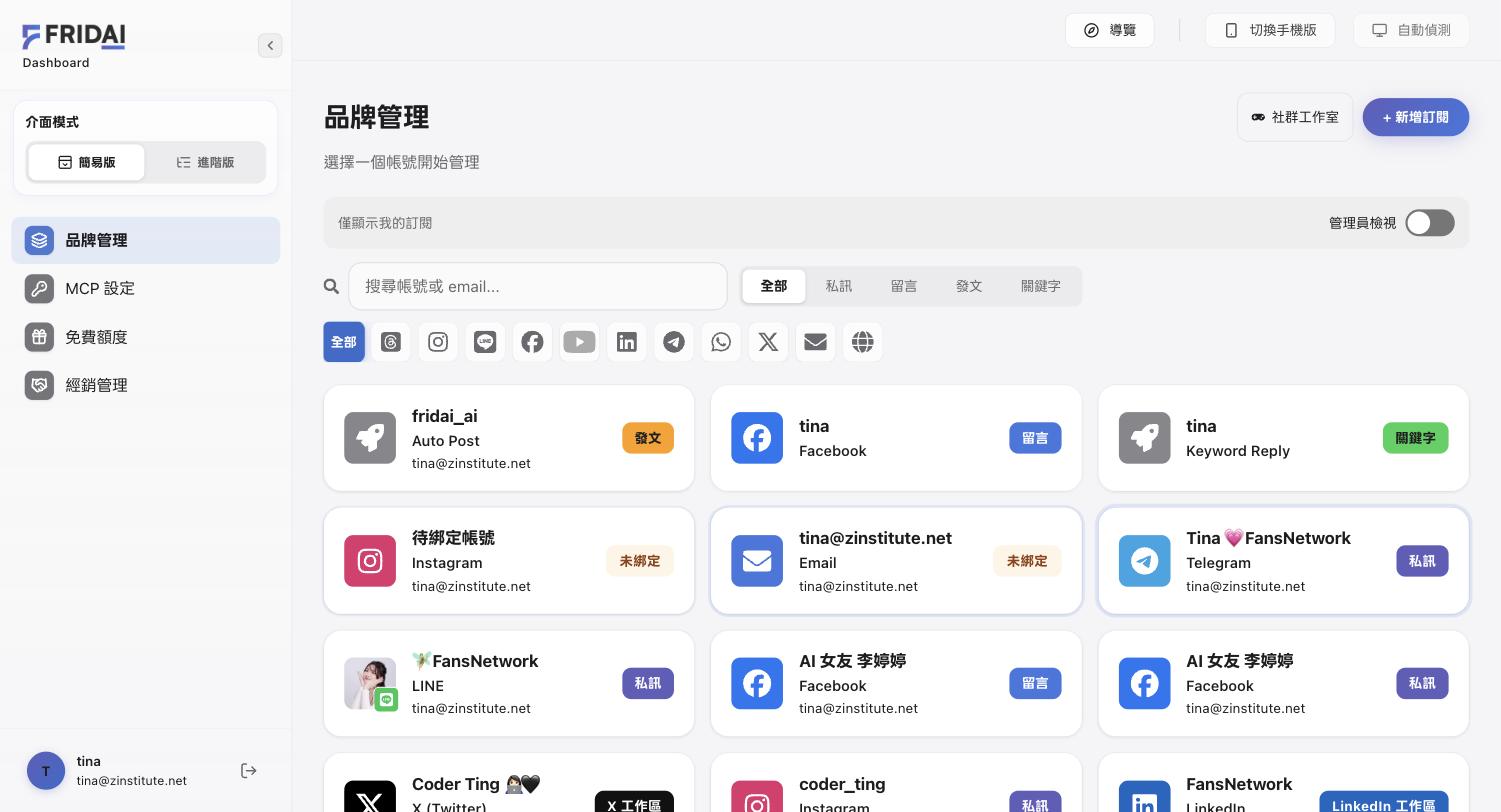 FRIDAI 品牌管理頁面，fridai_ai 已是一個標著發文的獨立帳號卡片