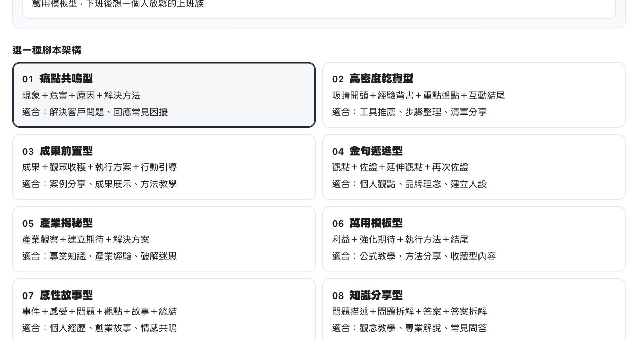 影片腳本表單：8 種腳本架構卡片，每張有順序與適合的內容