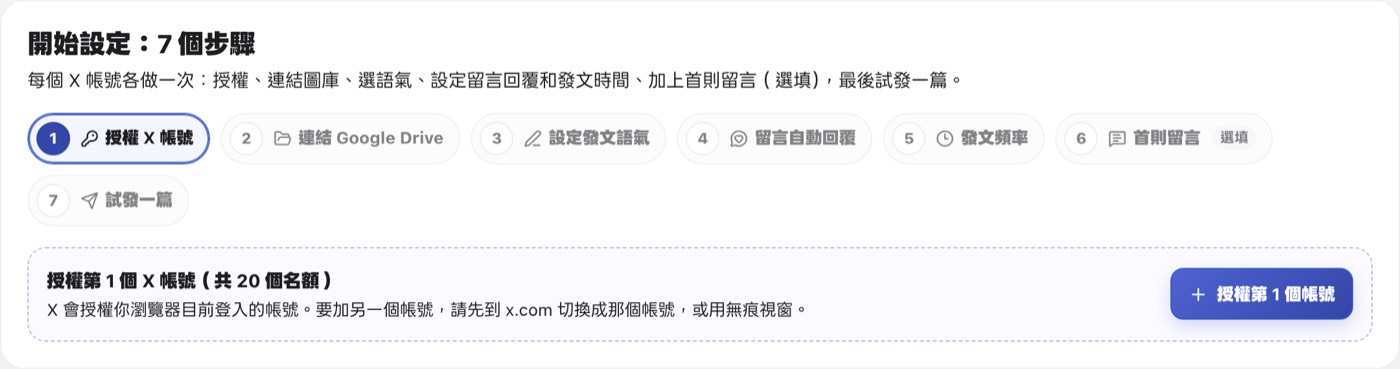 X 工作區的設定精靈，第一步是授權第 1 個 X 帳號